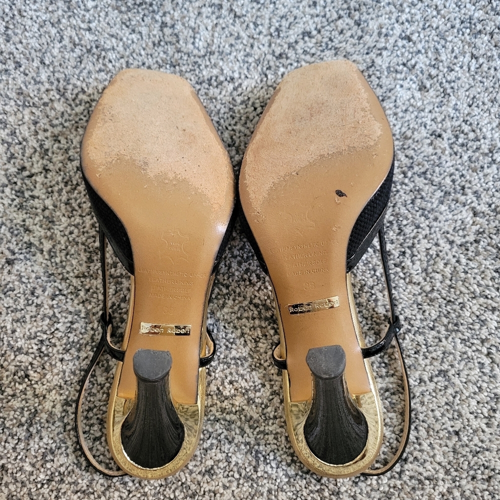 Robert Robert Black and Gold Slingback Leather  Peep Toe Heels Sz 7 US Euro 38 - Picture 5 of 10